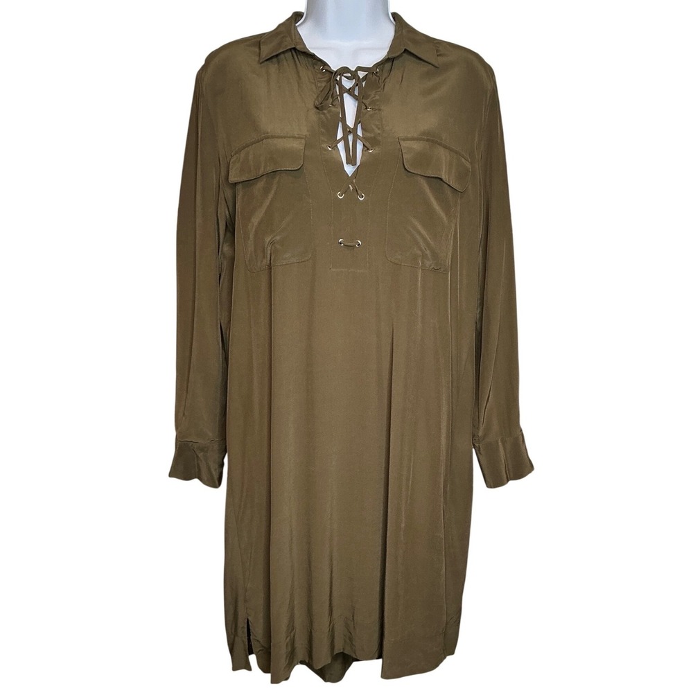 Club Monaco Womens Olive Green Lace Up Shirt Dress Size 10 Pockets Scandi Chic